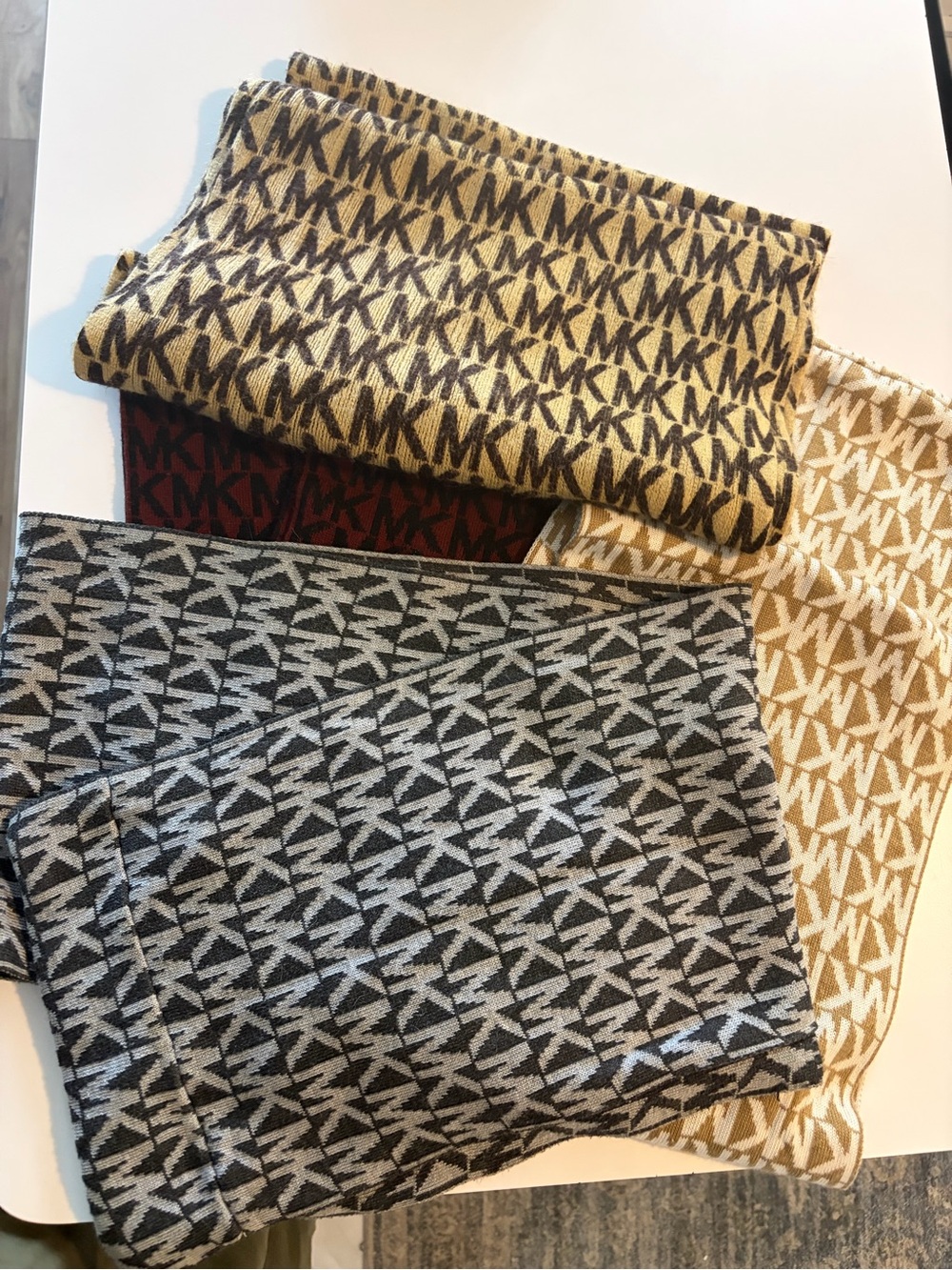 4 Michael Kors Monogram Knit Infinity Scarves in Black, Tan, Cream, burgundy